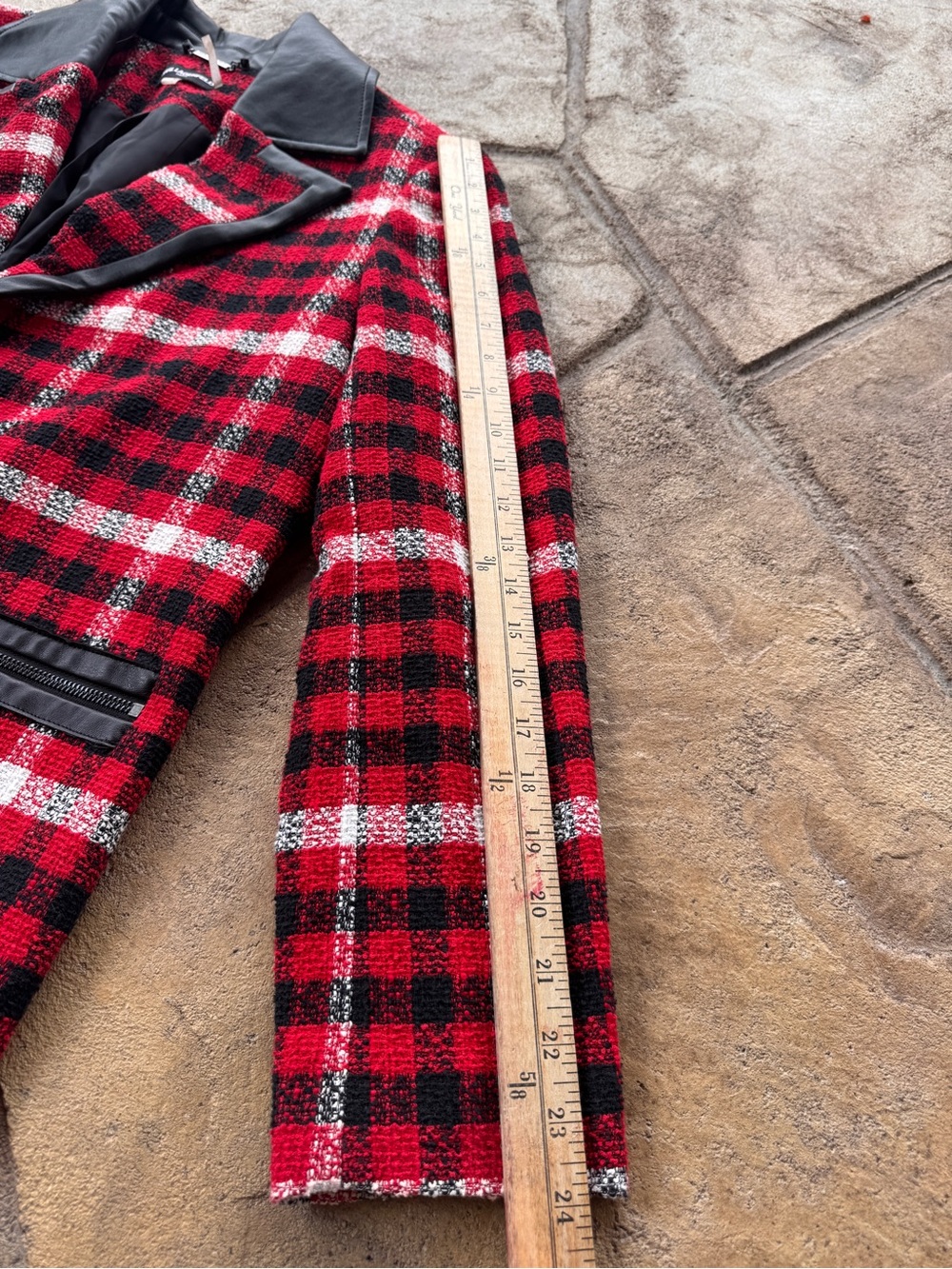 Karl Lagerfeld Paris Plaid Faux Leather Trim Long Blazer Jacket Size 10 - Picture 15 of 16